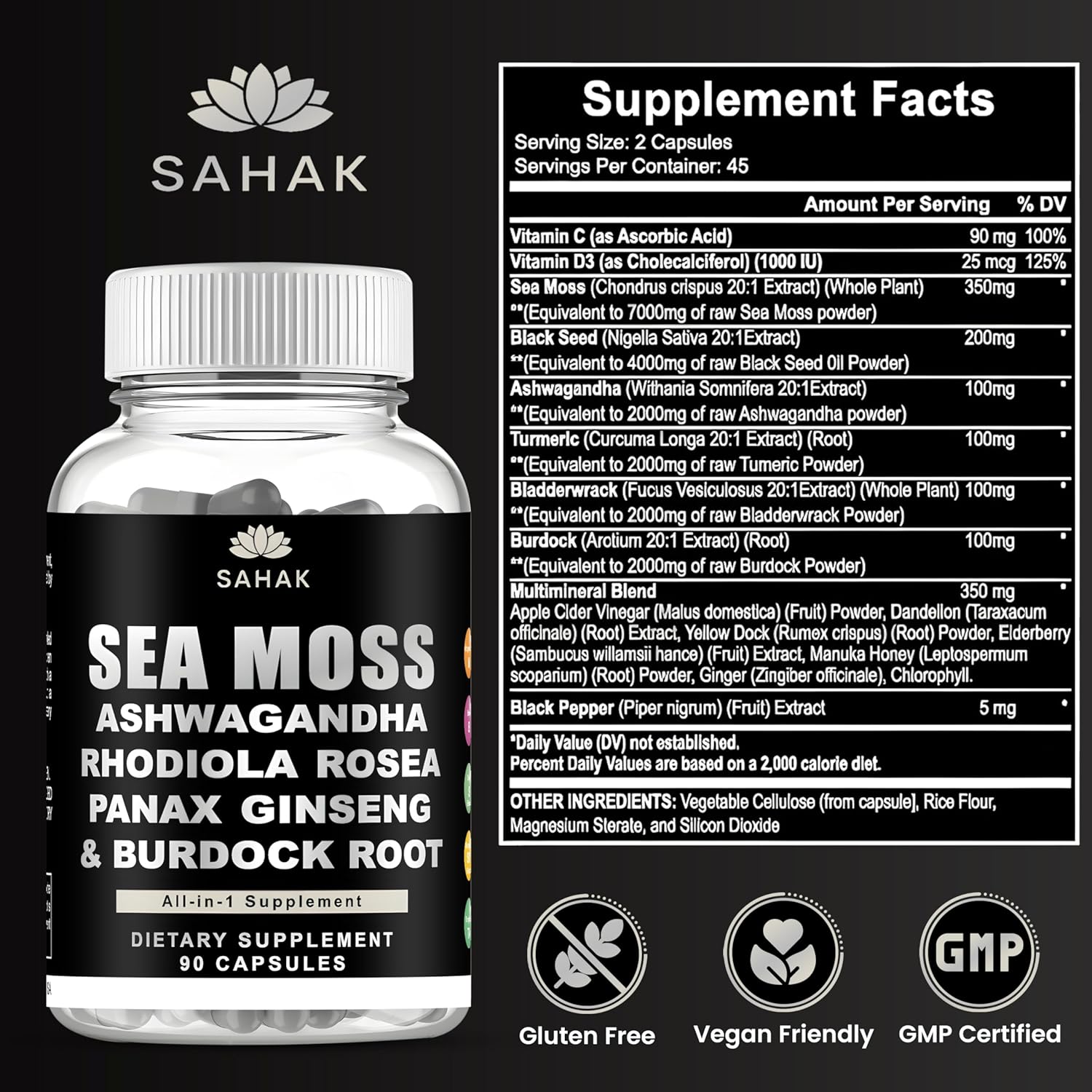Sea Moss Capsules - Organic Irish Sea Moss with Ashwagandha, Rhodiola Rosea, Panax Ginseng, Burdock Root | Lab Tested | Immune Support, Energy, Cognition,for Women and Men - 90 Raw sea Moss Capsules