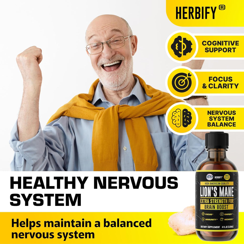 HERBIFY Lions Mane Supplement - Daily Mushroom Supplement for Memory, Focus & Clarity - Brain Booster - Lions Mane Tincture for Immune Support - 4 Fl oz