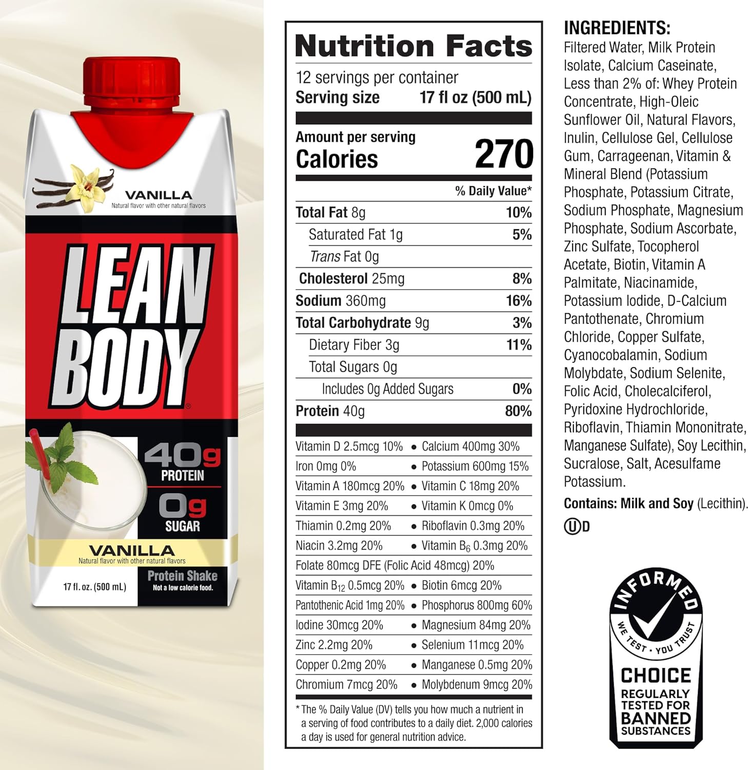 Lean Body Ready-to-Drink Vanilla Protein Shake, 40g Protein, Whey Blend, 0 Sugar, Gluten Free, 22 Vitamins & Minerals, 17 Fl Oz (Pack of 12) LABRADA