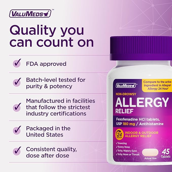 ValuMeds 24-Hour Allergy Relief Fexofenadine Hydrochloride 180mg | Non-Drowsy Antihistamine Generic Medicine for Allergies, Hay Fever, Itchy Eyes for Kids, Adults | Compare to Allegra (45-Count)