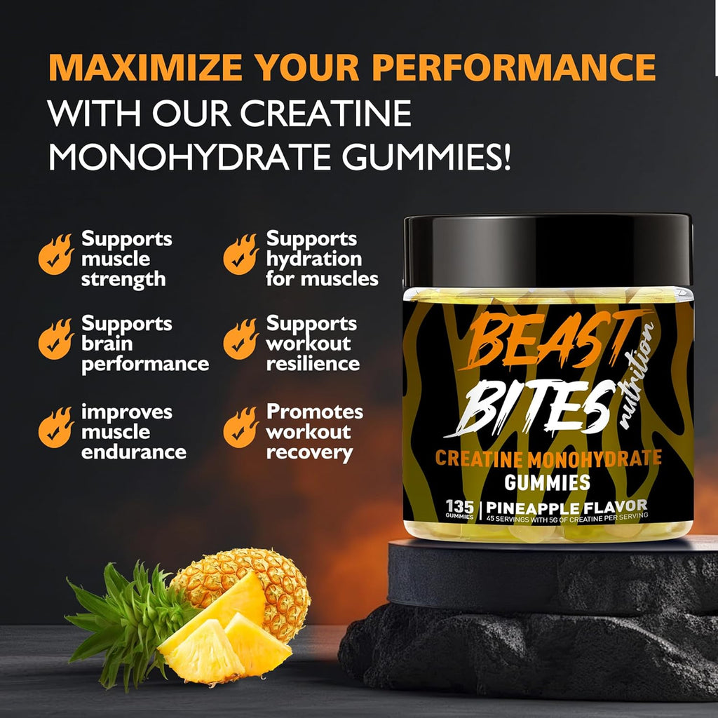 Creatine Monohydrate Gummies for Men & Women - 5g of Creatine Monohydrate per Serving - Sugar Free,Vegan, Pineapple Flavor, 135 Count (45 Servings)..