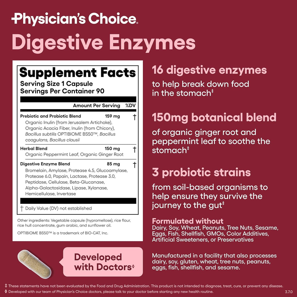 Physician's CHOICE Digestive Enzymes - Multi Enzymes, Organic Prebiotics & Probiotics for Digestive Health & Gut Health - Meal Time Discomfort Relief & Bloating - Dual Action Approach - 90 CT