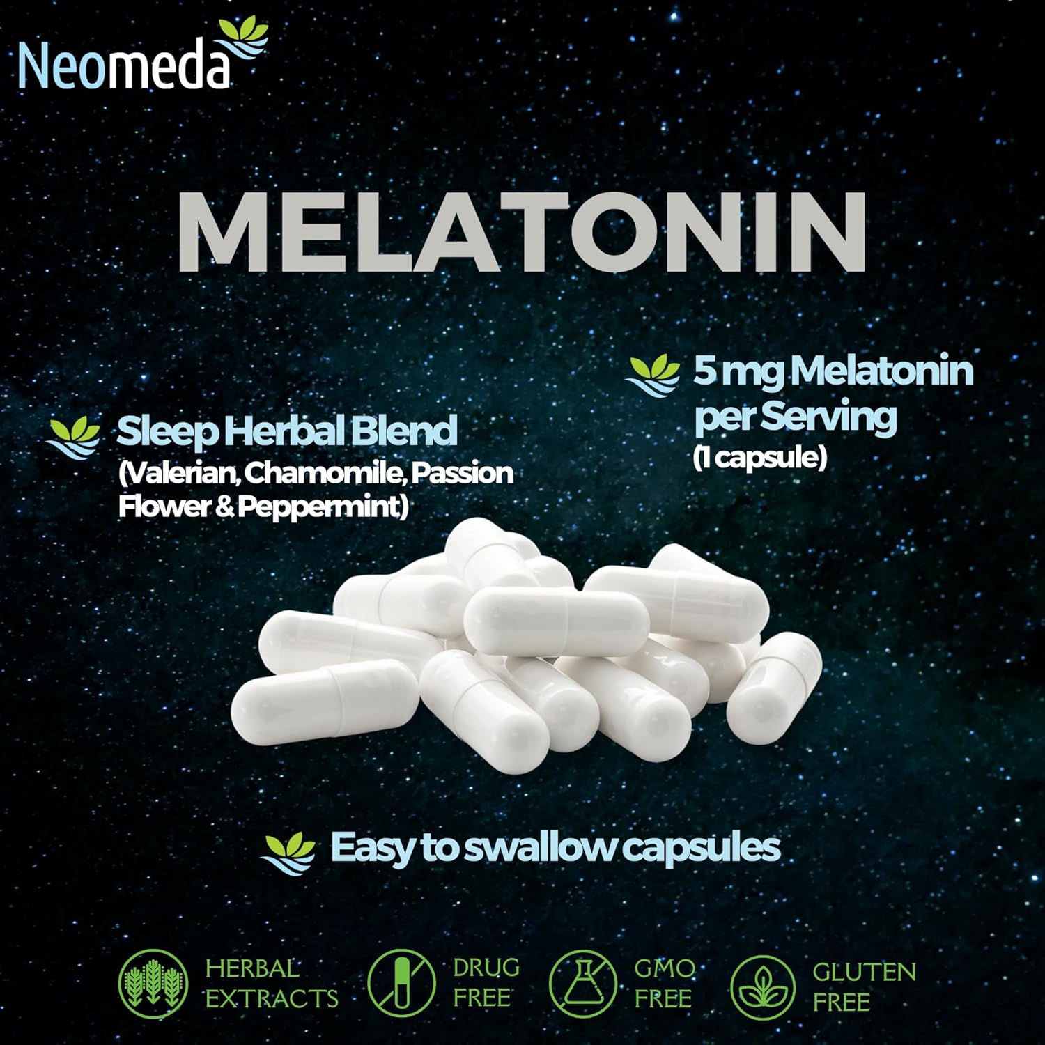 Melatonin Sleep Herbal Blend - Natural Sleep Support for Restful Nights with Melatonin 5mg & Calming Herbs - Drug-Free Dietary Supplement, 60 Capsules, 60-Day Supply
