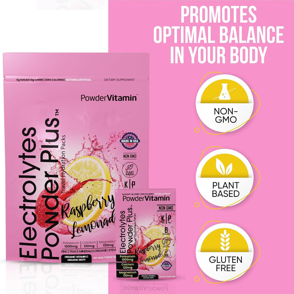 PowderVitamin Electrolytes Powder Plus, Keto, Raspberry Lemonade, Sugar Free, 1000mg Potassium, 120mg Calcium, 120mg Magnesium, Non-GMO, Zero Calories, 30 Hydration Packets