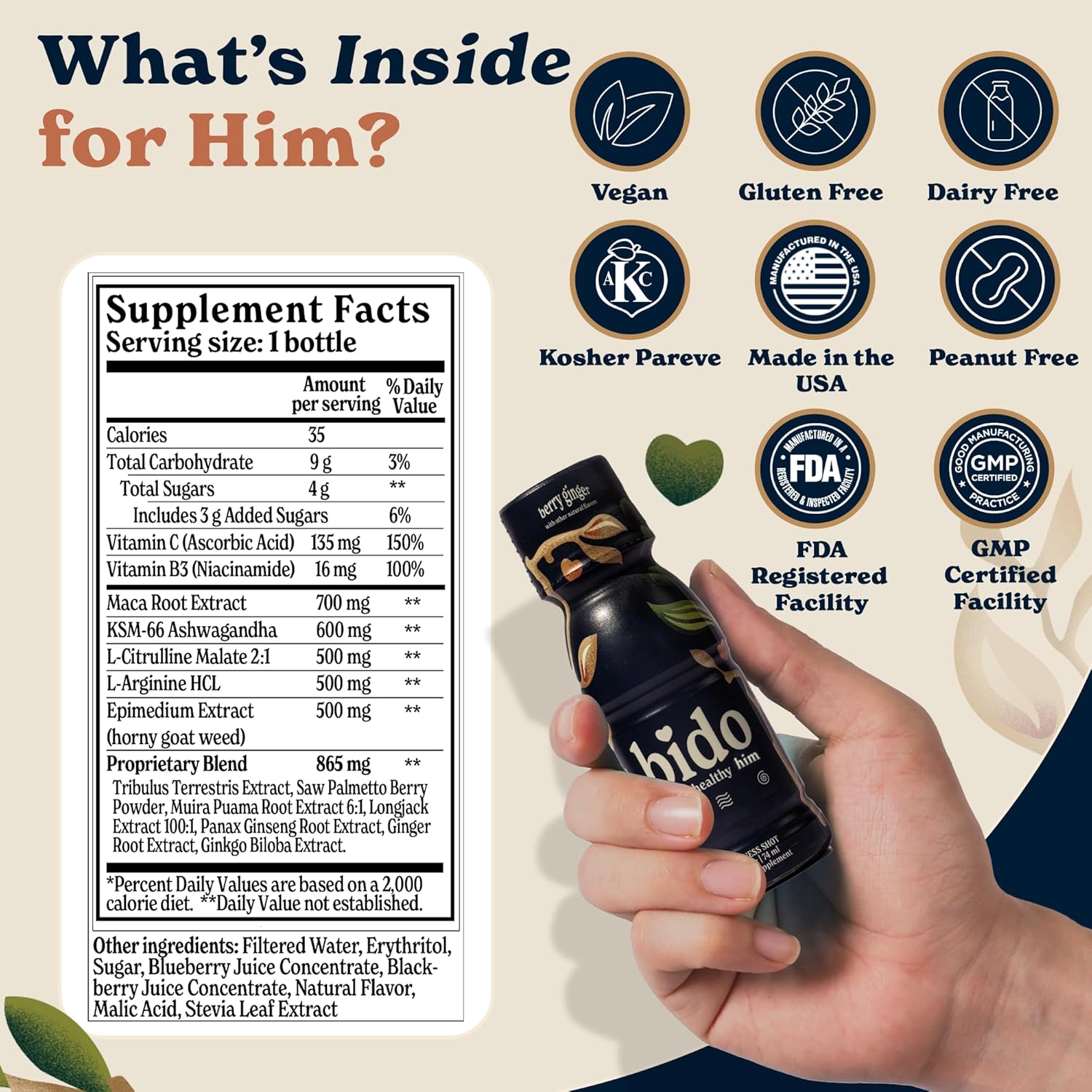 Bido | Men’s Herbal Wellness Drink | Adaptogen & Botanical Blend with Ashwagandha KSM-66, Maca, Ginseng & More | Energy & Vitality Support | Berry Ginger, 15- Pack (2.5 fl oz Each)