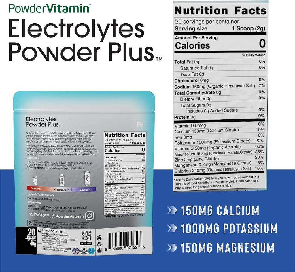 PowderVitamin Electrolytes Powder Plus (20 Servings) Unflavored Electrolyte Powder Keto, Sugar Free, Pink Himalayan Salt.,1000mg Potassium,150mg Calcium,150mg Magnesium, Hydration Powder NO STEVIA