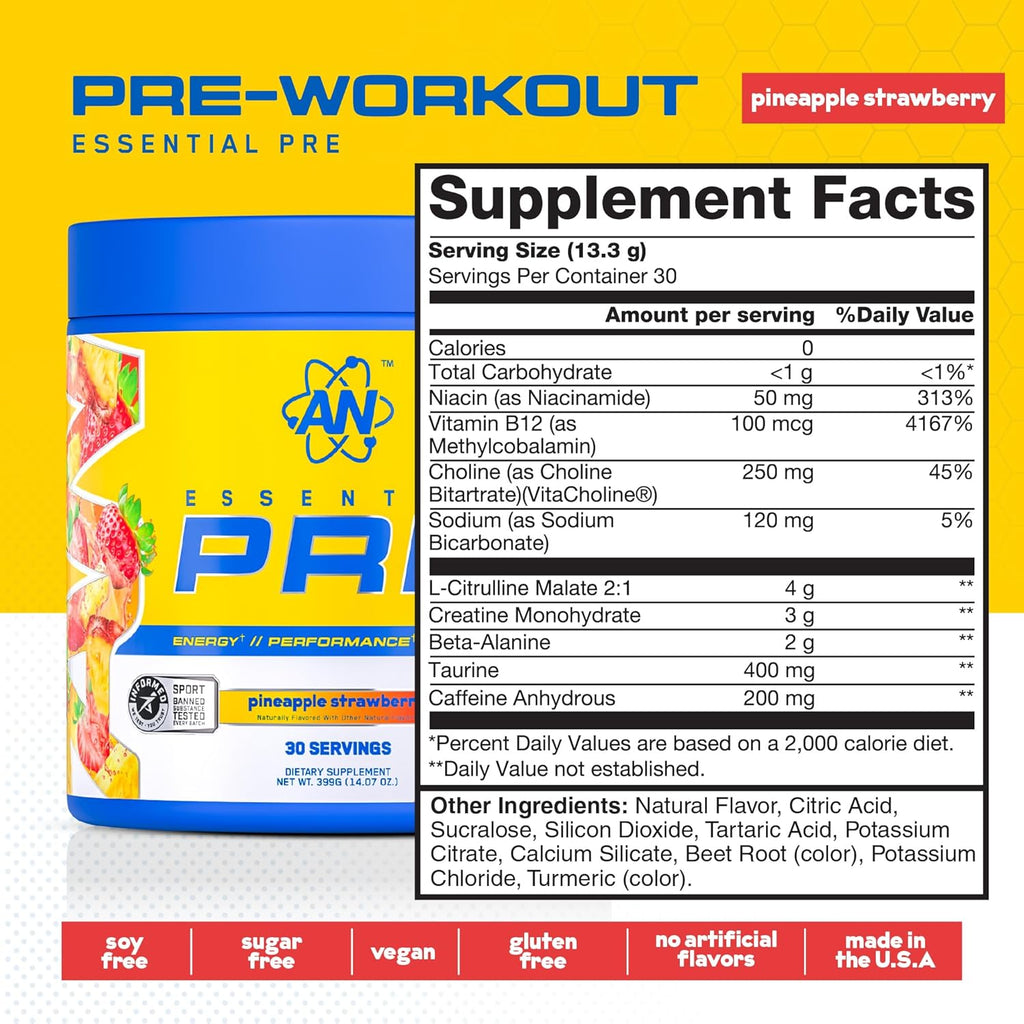 AN Essentials Pre-Workout Powder Supplement for Men & Women | Energy Mix with 200mg Caffeine, Beta Alanine, Citrulline, & Creatine | Chiquita Pineapple Strawberry | 30 Servings