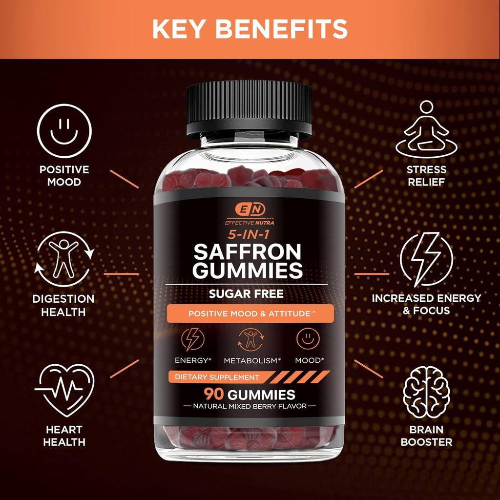Saffron Gummies | Sugar-Free Supplement with Vitamin D2, Passion Flower, St. John’s Wort & GABA | Positive Mood, Digestion, Energy | Natural Berry Flavor, Made in USA (90 Count)