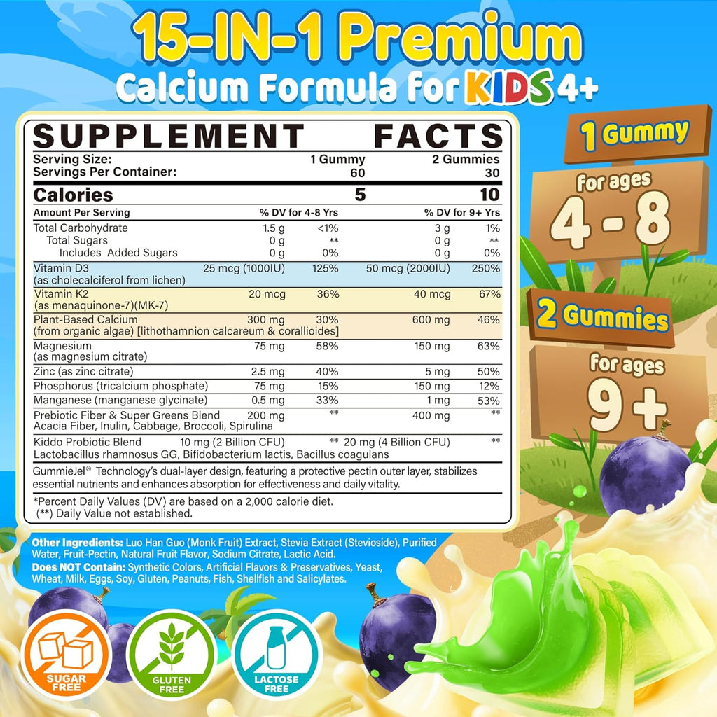Kids Calcium Gummies (from Algae) + Vitamin D3 (1000iu/2000IU), K2, Magnesium, Phosphorus, Probiotic & Prebiotic, Vitamins for Kids & Teens for Bones & Teeth, Calcium Absorption, Sugar Free, 60 Counts