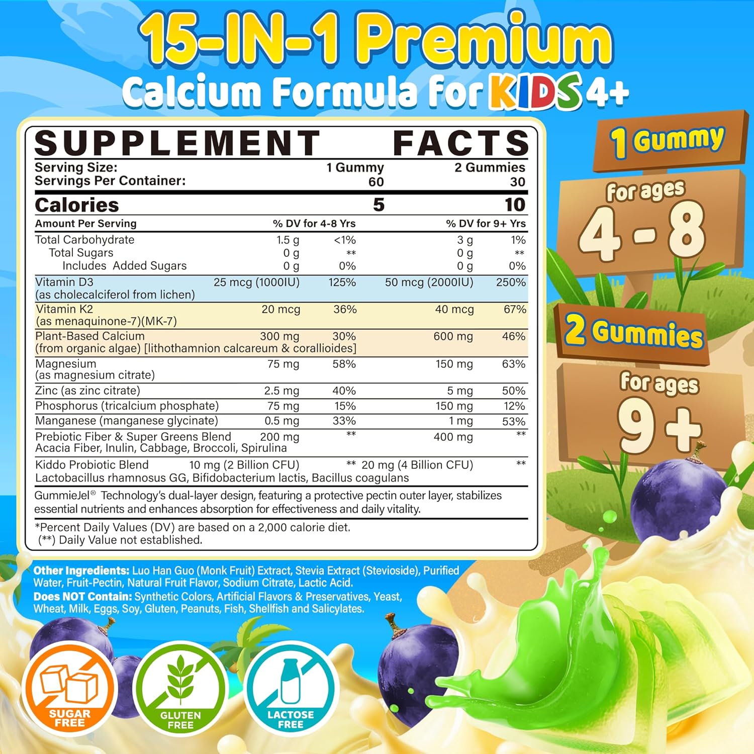 Kids Calcium Gummies (from Algae) + Vitamin D3 (1000iu/2000IU), K2, Magnesium, Phosphorus, Probiotic & Prebiotic, Vitamins for Kids & Teens for Bones & Teeth, Calcium Absorption, Sugar Free, 60 Counts