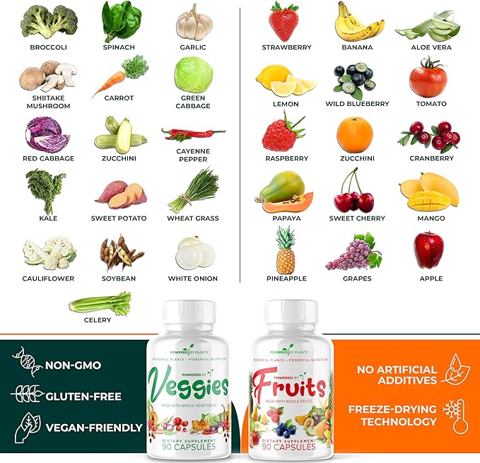 Daily Fruits and Veggies Supplement - 180 Capsules for 30 Days, Non GMO & Gluten Free Superfood with Natural Vitamins - Powered by Plants, 2-Pack