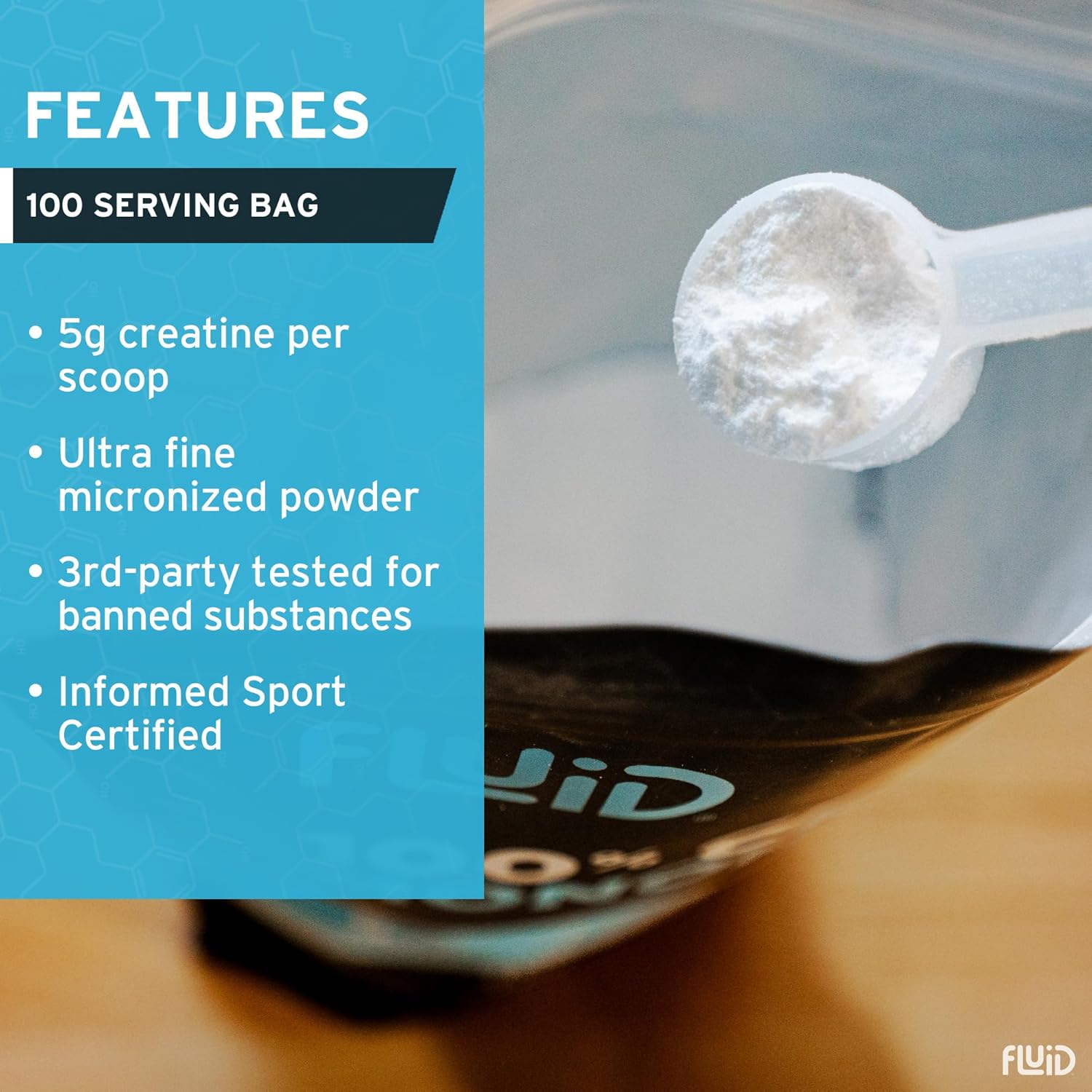 Fluid Creatine - Informed Sport Certified | 100% Creatine Monohydrate Powder | Unflavored | 5g per Serving (100 Servings)