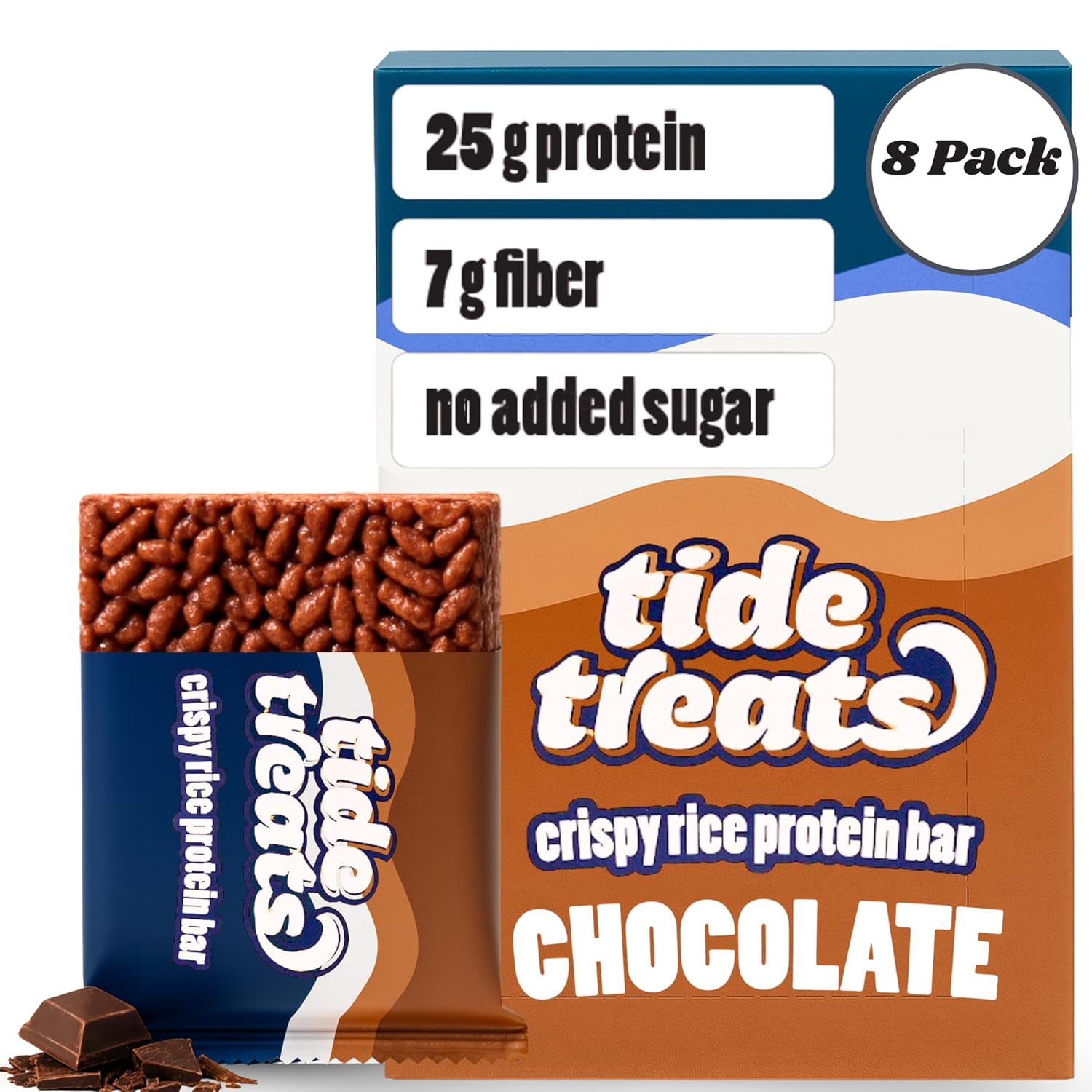 Crispy Rice Protein Treat Bar | 25 g Protein, No Added Sugar, 7 g Fiber, Gluten Free | High Protein Snack for On-the-Go, Post-Workout or Dessert Cravings | 8 Count (Chocolate)