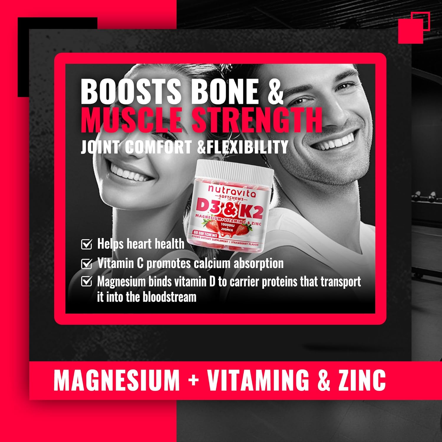 Sugar-Free Vitamin D3 K2 Chews with Calcium + K2 (MK-7), Magnesium Citrate, Vitamin C, Extra Strength - Ultimate Absorption for Bone Muscle Teeth Immune,Vegan - 60 Count-Strawberry Flavor.