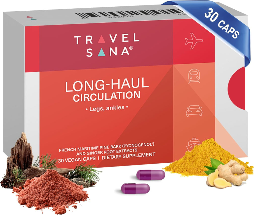 Pycnogenol 100mg & Ginger Extract | Supports Healthy Circulation, Vein Health & Leg Comfort | Helps with Occasional Swelling in Legs & Feet | Long-Haul Travel Essentials | 30 Vegan Caps