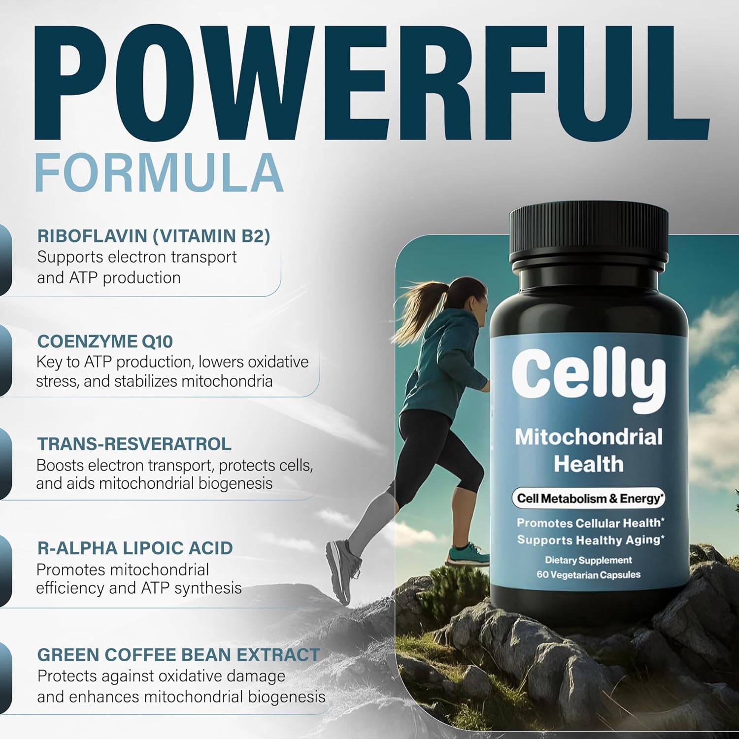 Celly Mitochondrial Health | Longevity Supplement for Cellular Nutrition and Healthy Aging | Promotes Mitochondria ATP Energy with CoQ10, Resveratrol & Green Coffee | Made in USA & 3rd Party Tested