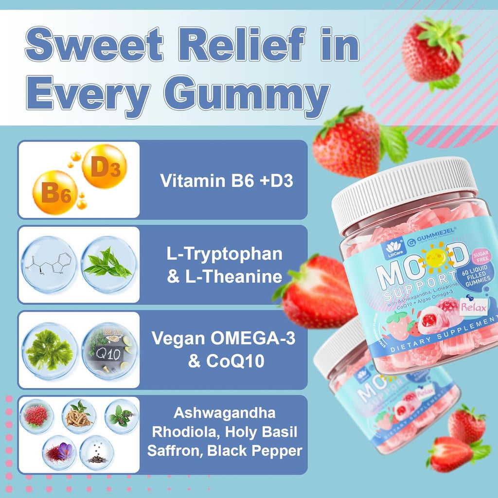 Sugar Free Ashwagandha Mood Support Filled Gummies for Women Men, Calm Gummy with Vitamin D3 B6, Vegan Omega 3, L-Theanine, CoQ10 & Rhodiola Rosea, Natural Relax Calming Supplement, Vegan, 120Cts