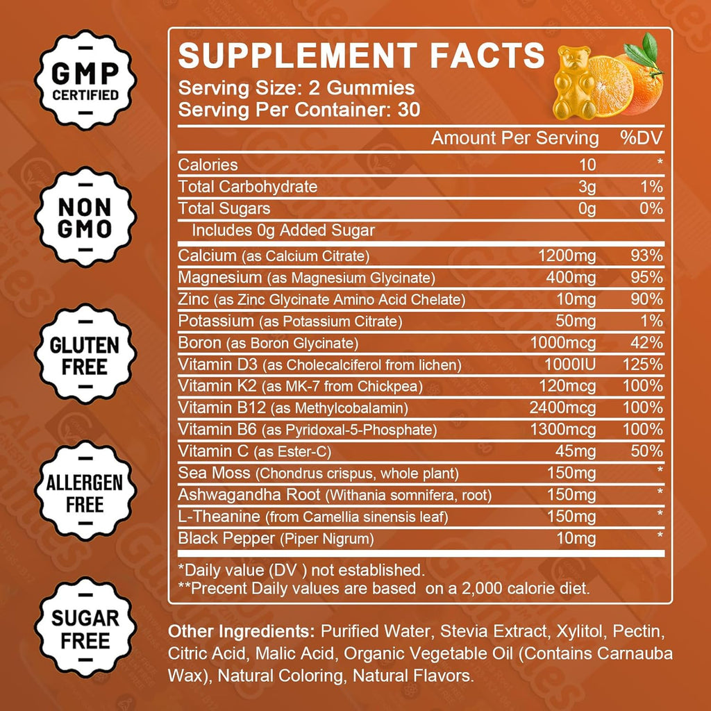 1200mg Calcium Gummies with Vitamin D3,K2,B12 & B6 - Plant Complex Calcium Magnesium Supplement with Glycinate,Potassium,Sea Moss,Ashwagandha Root for Bone & Teeth Strength, Muscle & Immune-2 Pack