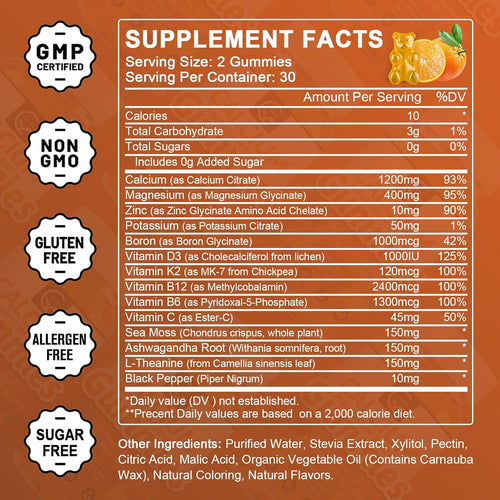 1200mg Calcium Gummies with Vitamin D3,K2,B12 & B6 - Plant Complex Calcium Magnesium Supplement with Glycinate,Potassium,Sea Moss,Ashwagandha Root for Bone & Teeth Strength, Muscle & Immune-2 Pack