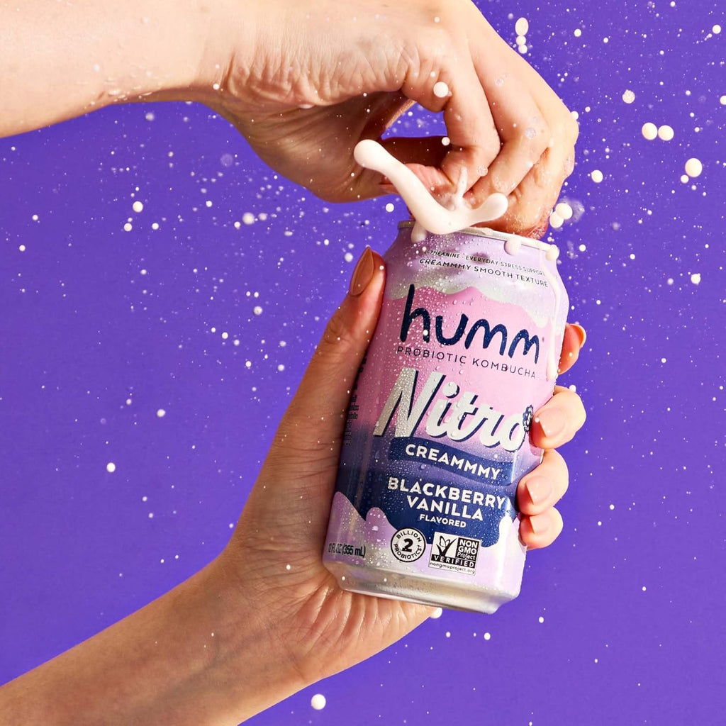 Humm Nitro Kombucha Blackberry Vanilla, Creamy Smooth Probiotic Drink with L-Theanine, Non-GMO, Vegan, Gluten Free, 12 fl oz (Pack of 12)
