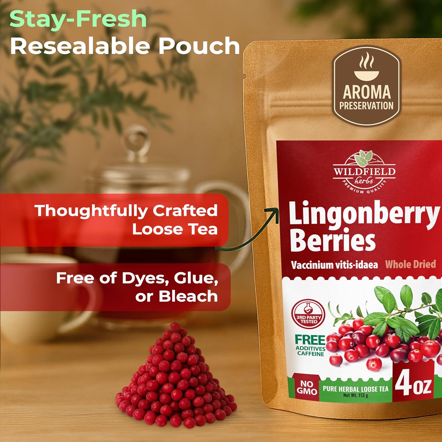 4 oz. Cowberry Lingonberry Whole Berries Tea (Vaccinium vitis-idaea L) – 113g Dried Lingonberry Tea Arándano Rojo Entero Seco