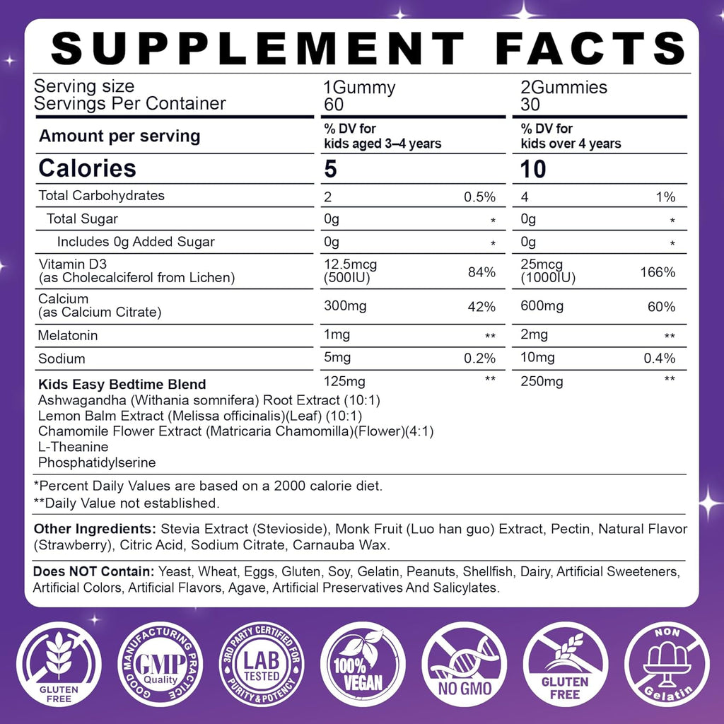 Kids Sleep Gummies, Kid Calcium Gummies + D3, Sleep Aid, Kid Ashwagandha Gummy, Phosphatidylserine, L-Theanine for Brain Focus, Unwind, Sweet Dream Magic Supplement for Kids Parents, 2Pack