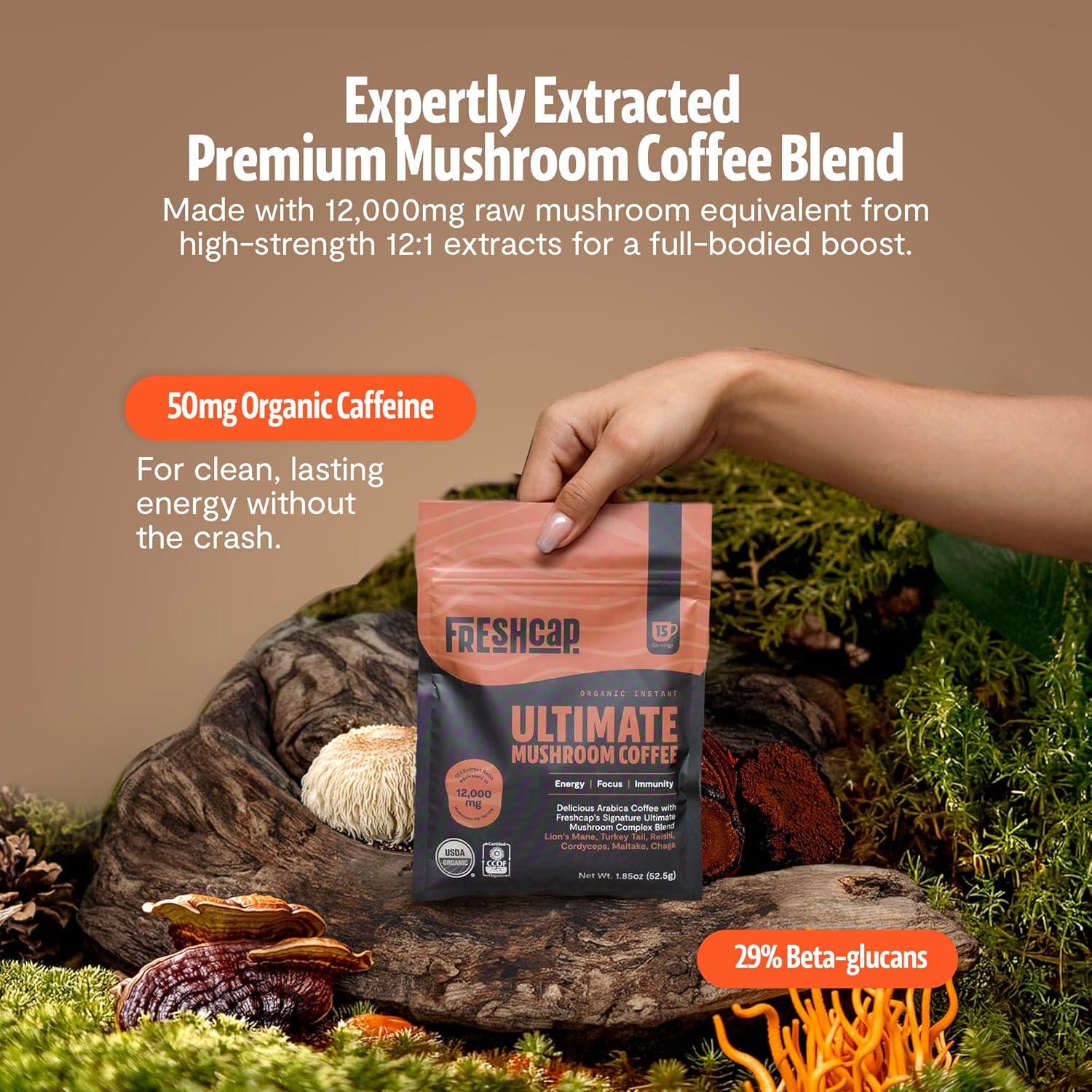 FreshCap Mushrooms Coffee 12,000 mg – Organic Instant Coffee with 6 Adaptogenic Mushrooms & 29% Beta-Glucans – Nootropic for Clean Energy, No Jitters, Focus, Gut Health & Immune Support (15 Servings)