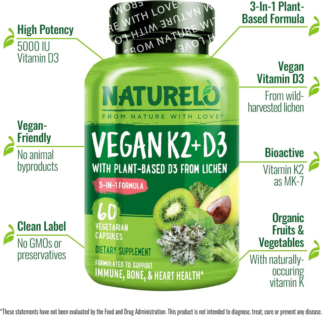 NATURELO Vitamin D3 K2 - Vegan K2+D3 with Plant Based D3 from Lichen - Natural D3 Supplement for Immune System, Bone Support, Heart Health - Whole Food - Non-GMO - Gluten Free, 60 Capsules (Pack of 2)