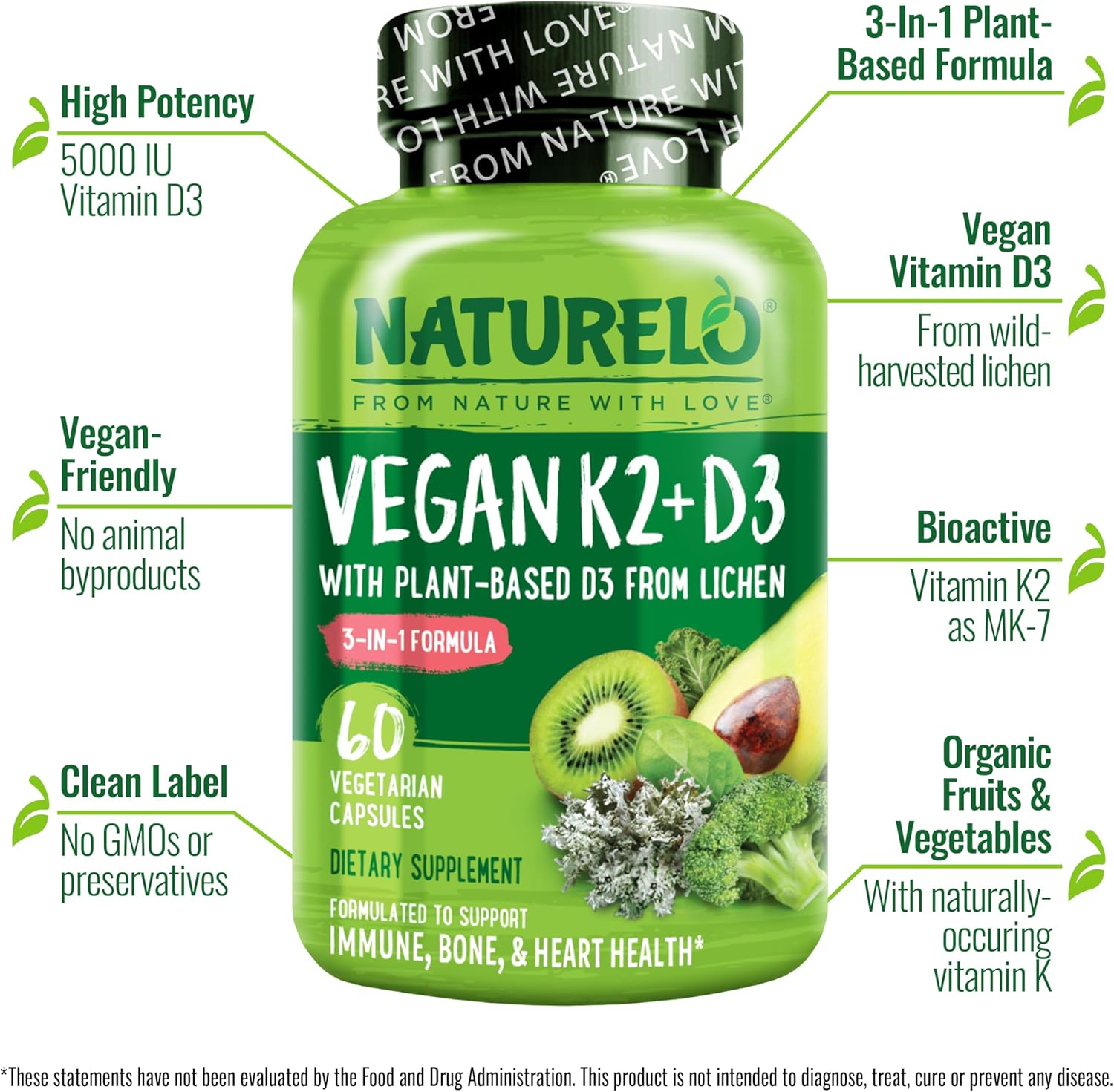 NATURELO Vitamin D3 K2 - Vegan K2+D3 with Plant Based D3 from Lichen - Natural D3 Supplement for Immune System, Bone Support, Heart Health - Whole Food - Non-GMO - Gluten Free, 60 Capsules