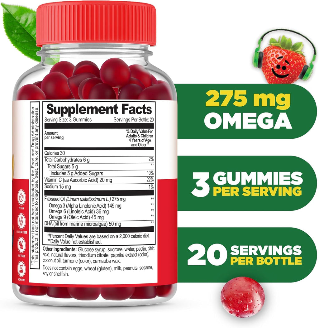 Lifeable Omega 3 for Kids Gummies | with Vegan DHA Supplement | Kids Omega 3 Fish Oil Alternative from Plant Based Flaxseed Oil | Great Tasting Supplement | 60 Gummies