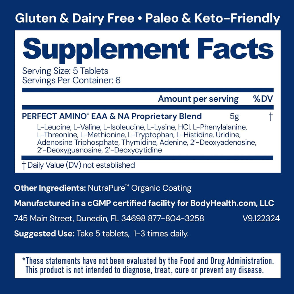 BodyHealth PerfectAmino Easy to Swallow Tablets, Essential Amino Acids Supplement with BCAAs, Vegan Protein for Pre/Post Workout & Muscle Recovery with Lysine, Tryptophan, Leucine (36 Servings)