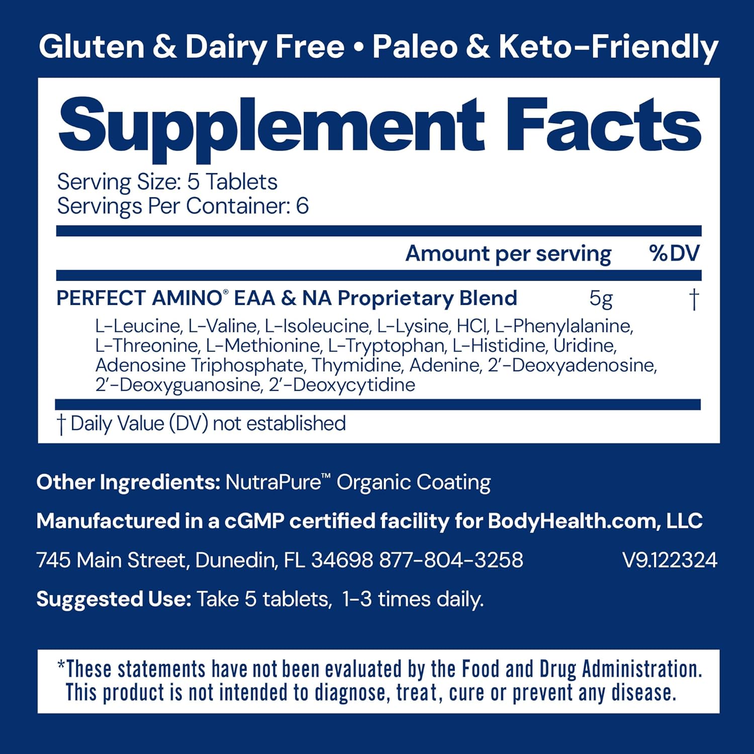 BodyHealth PerfectAmino Easy to Swallow Tablets, Essential Amino Acids Supplement with BCAAs, Vegan Protein for Pre/Post Workout & Muscle Recovery with Lysine, Tryptophan, Leucine (36 Servings)