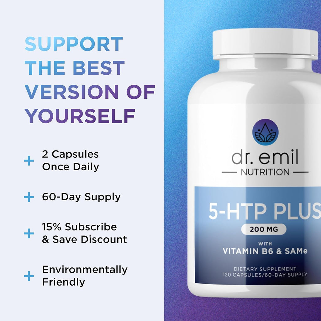 DR. EMIL NUTRITION 200 MG 5-HTP Plus with SAM-e for Mood, Stress, and Sleep - 5HTP Supplement with Vitamin B6-120 Vegan Capsules, 60 Servings