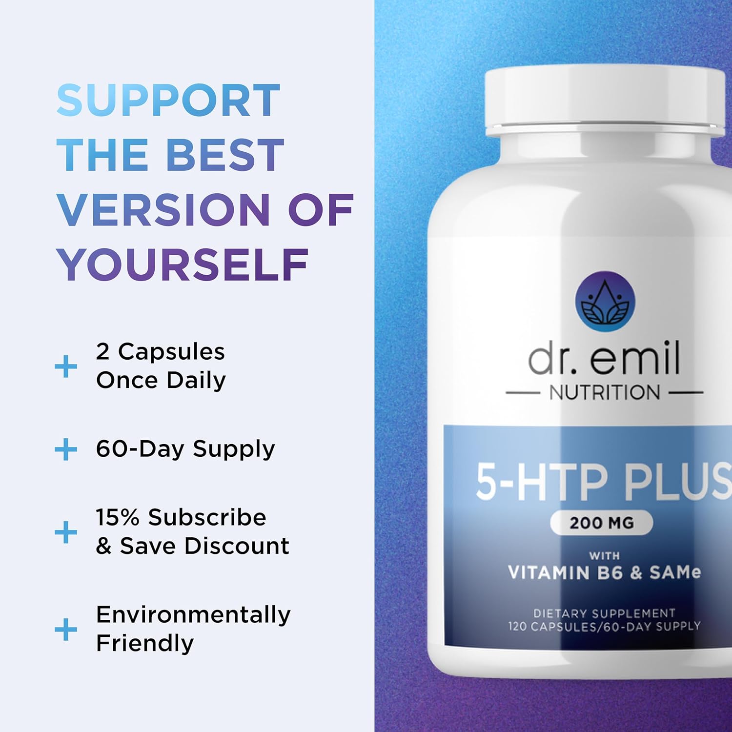 DR. EMIL NUTRITION 200 MG 5-HTP Plus with SAM-e for Mood, Stress, and Sleep - 5HTP Supplement with Vitamin B6-120 Vegan Capsules, 60 Servings