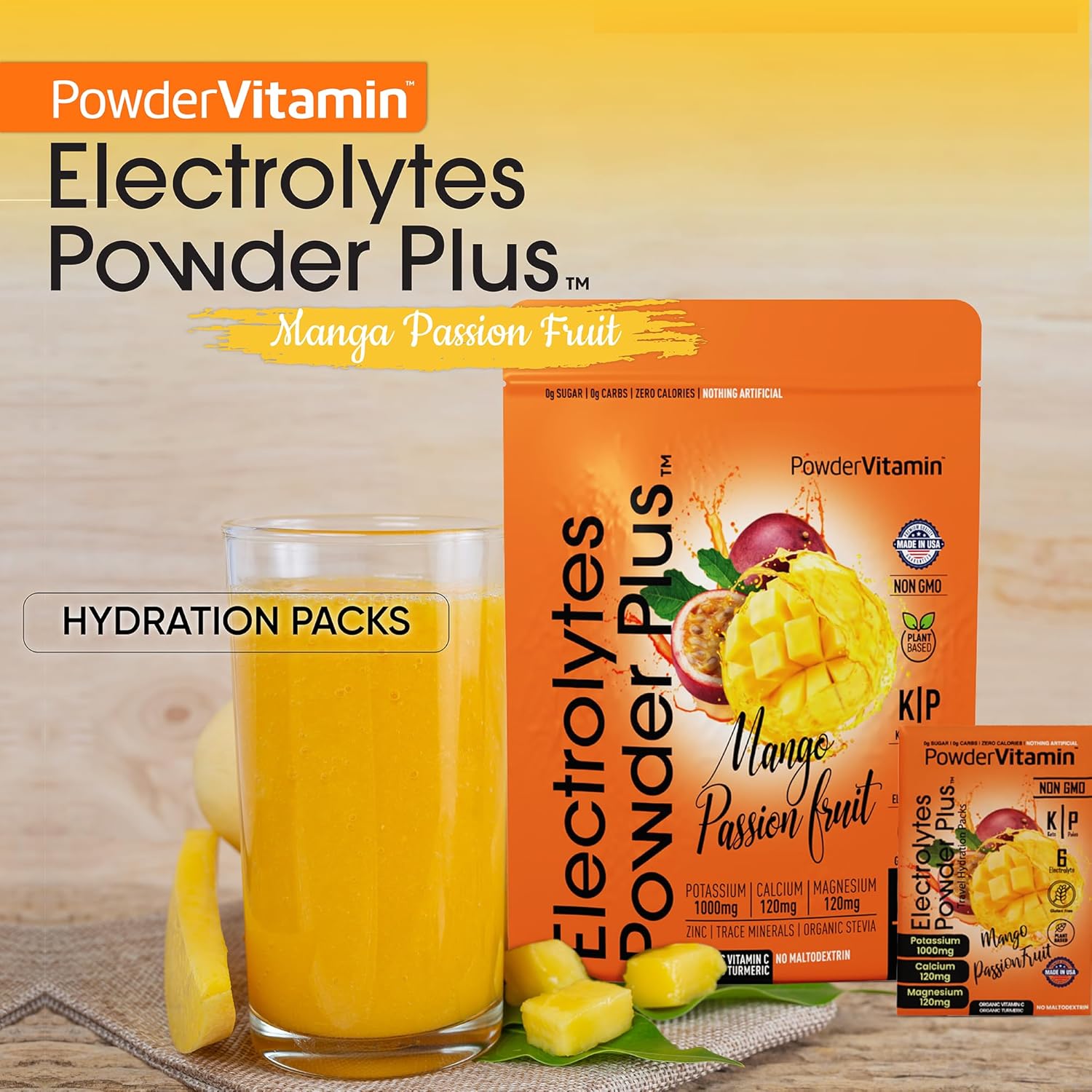 PowderVitamin Electrolytes Powder Plus, Keto, Mango Passionfruit, Sugar Free, Pink Himalayan Salt, 1000mg Potassium, 120mg Calcium, 120mg Magnesium, Non-GMO, Zero Calories, (16 Hydration Packets)