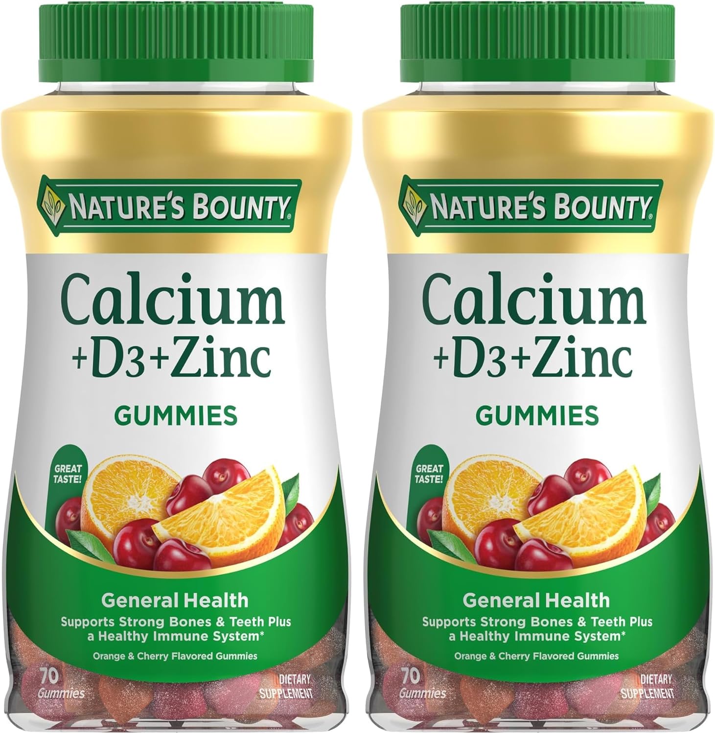Nature's Bounty Calcium + D3 + Zinc Gummies, Supports Strong Bones & Teeth Plus a Healthy Immune System, 500mg, Orange and Cherry Flavored, 70 Gummies (Pack of 2)