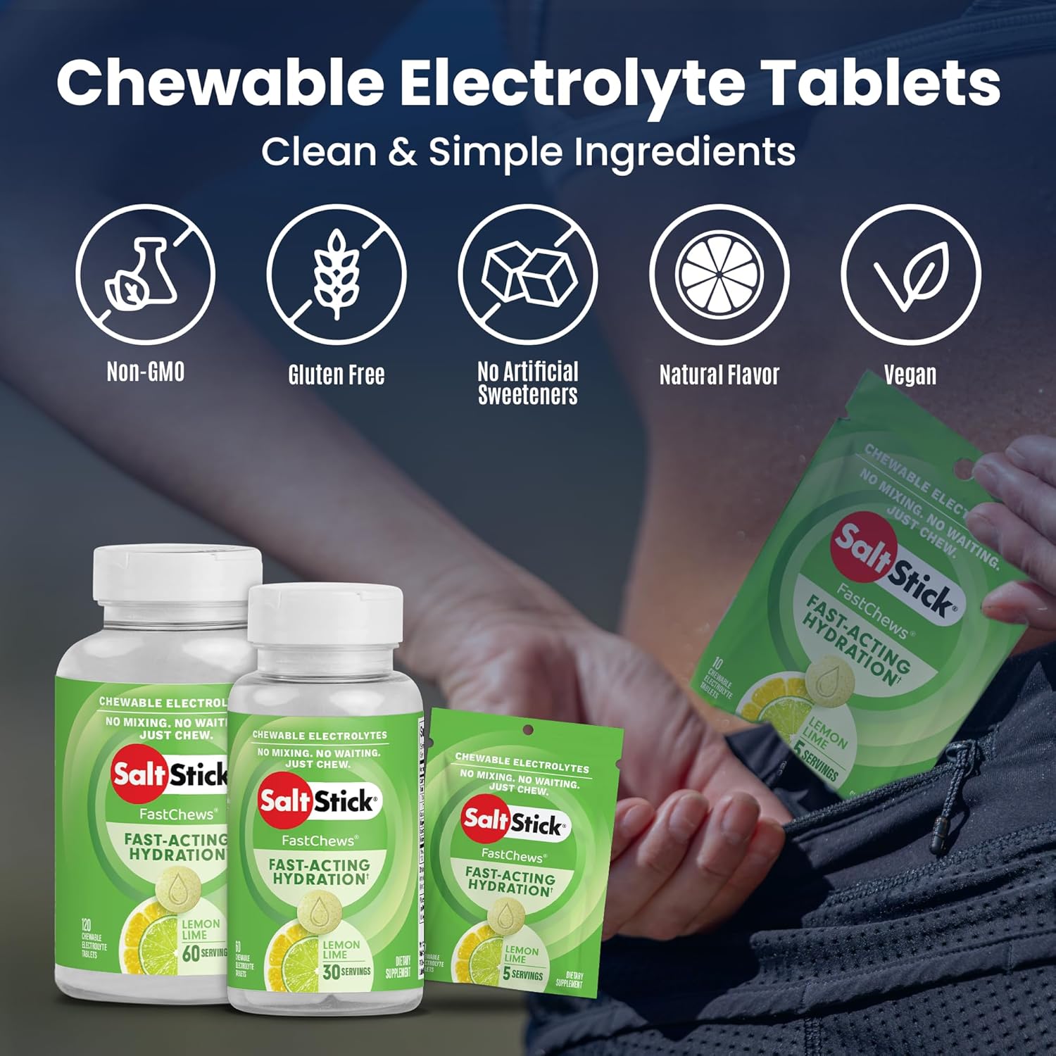 SaltStick Electrolyte FastChews Chewable Tablets, Lemon Lime, 120 count, 12 packets of 10 tablets each