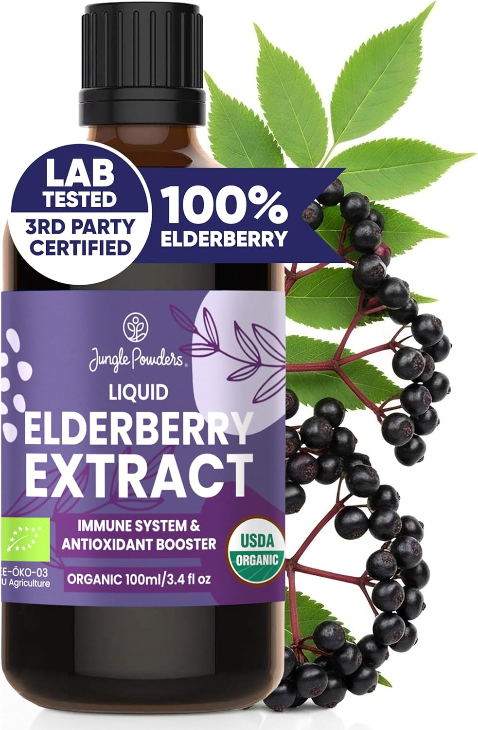 Organic Elderberry Syrup USDA Certified 3.4 fl oz Bottle Liquid Sambucus Elderberry Immune Support Supplement for Kids and Adults Alcohol-Free European Origin Elderberries Extract High Bioavailability