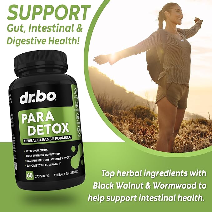 DR. BO para Cleanse Human Detox Guard - Intestinal Pills Support for Humans - Pro Gut Health Intestine Supplement Stomach for Adults - Herbal Wormwood Black Walnut Complex & Cloves - 60 Capsules
