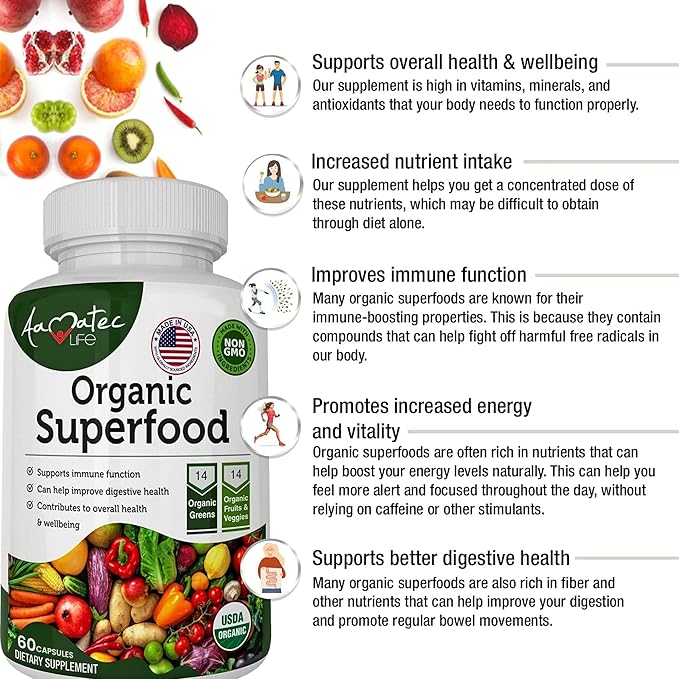 Organic Superfood Greens Fruits and Veggies Complex - Dietary Supplement with 14 Greens &14 Vegetables with Alfalfa Rich in Antioxidants Organic Ingredients Non-GMO (120 Count Pack of 2)