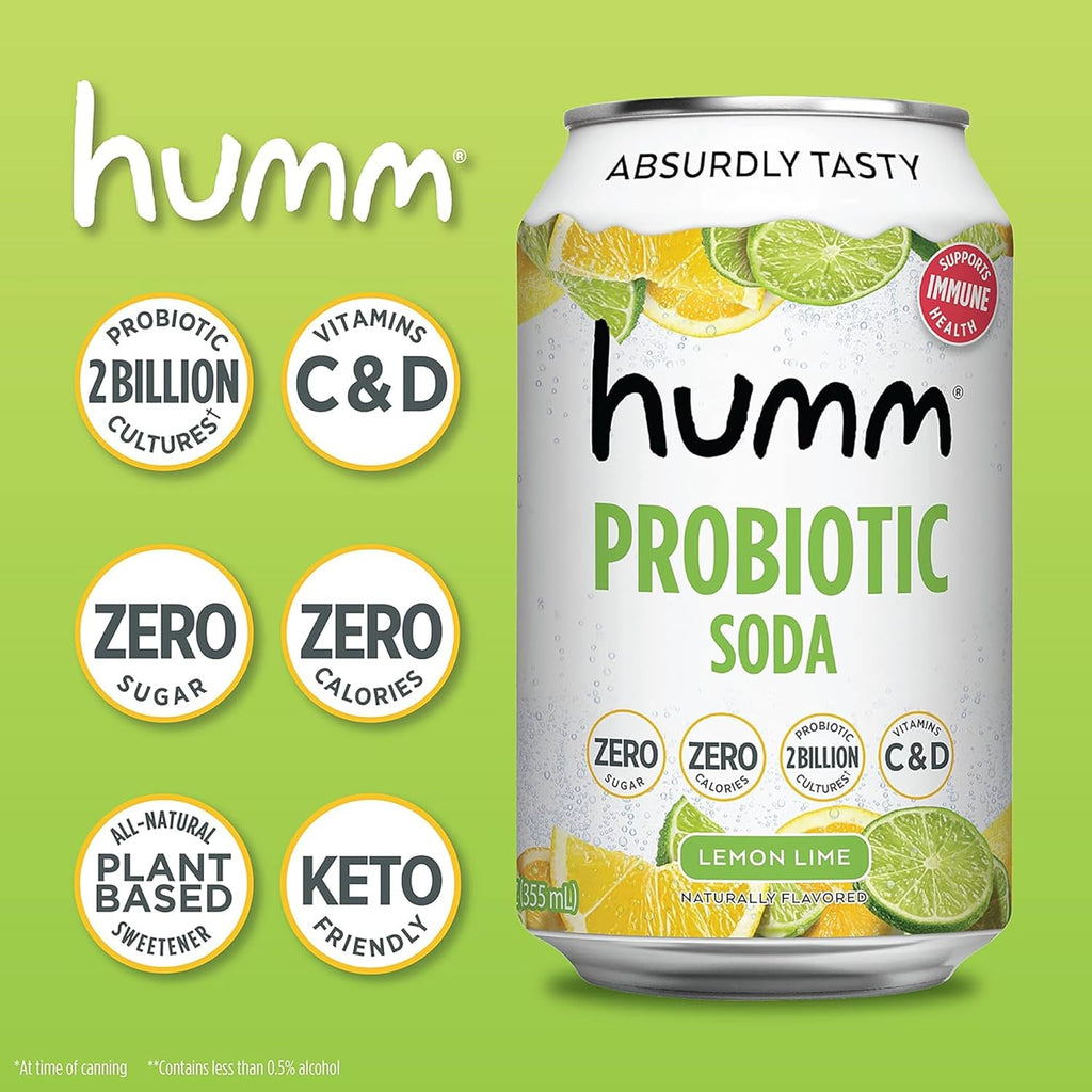 Humm Sparkling Probiotic Soda Variety Pack, Lemon Lime & Berry Cream, Zero Sugar, Zero Calorie, 2 Billion Probiotics, Vitamin C, D, and B12, 12 fl oz (12 Pack)