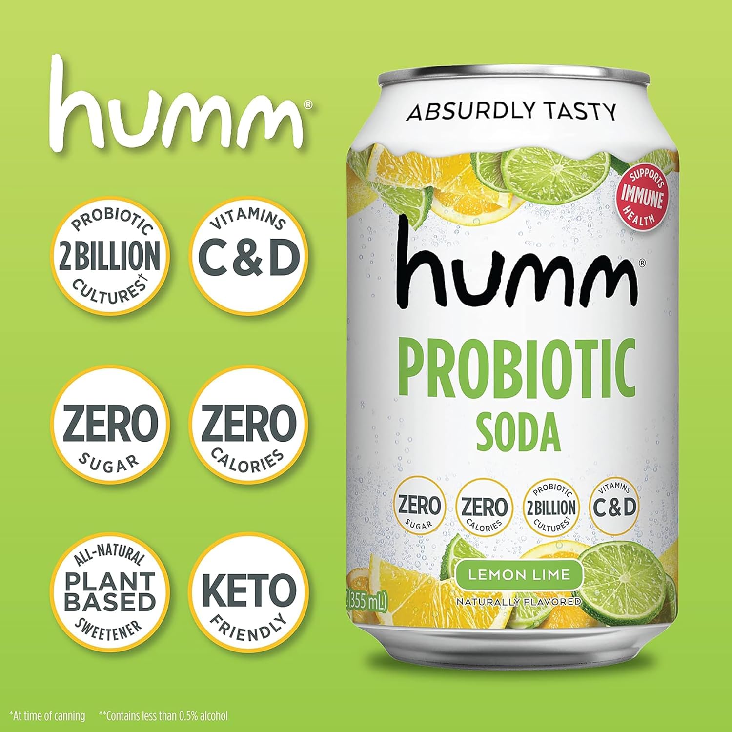 Humm Sparkling Probiotic Soda Variety Pack, Lemon Lime & Berry Cream, Zero Sugar, Zero Calorie, 2 Billion Probiotics, Vitamin C, D, and B12, 12 fl oz (12 Pack)