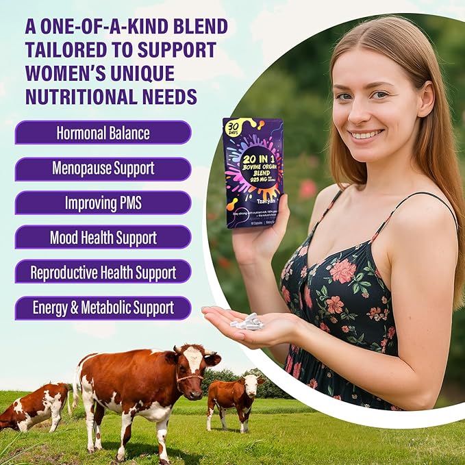 20-In-1 Beef Organ Supplement for Women, 925MG Grass Fed Beef Liver, Uterus, Ovary & 3 more with Maca, DIM, Black Cohosh, Vitamin & Mineral, Bovine organ Capsules for Hormone Balance, Energy, 30 Days