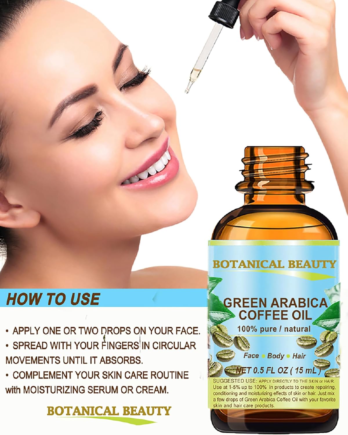 Botanical Beauty GREEN ARABICA COFFEE OIL Brazilian 100% Pure Virgin Unrefined for Face, Skin, Hair, Lip, Nails. Anti - Aging Face Oil (2 Fl Oz)
