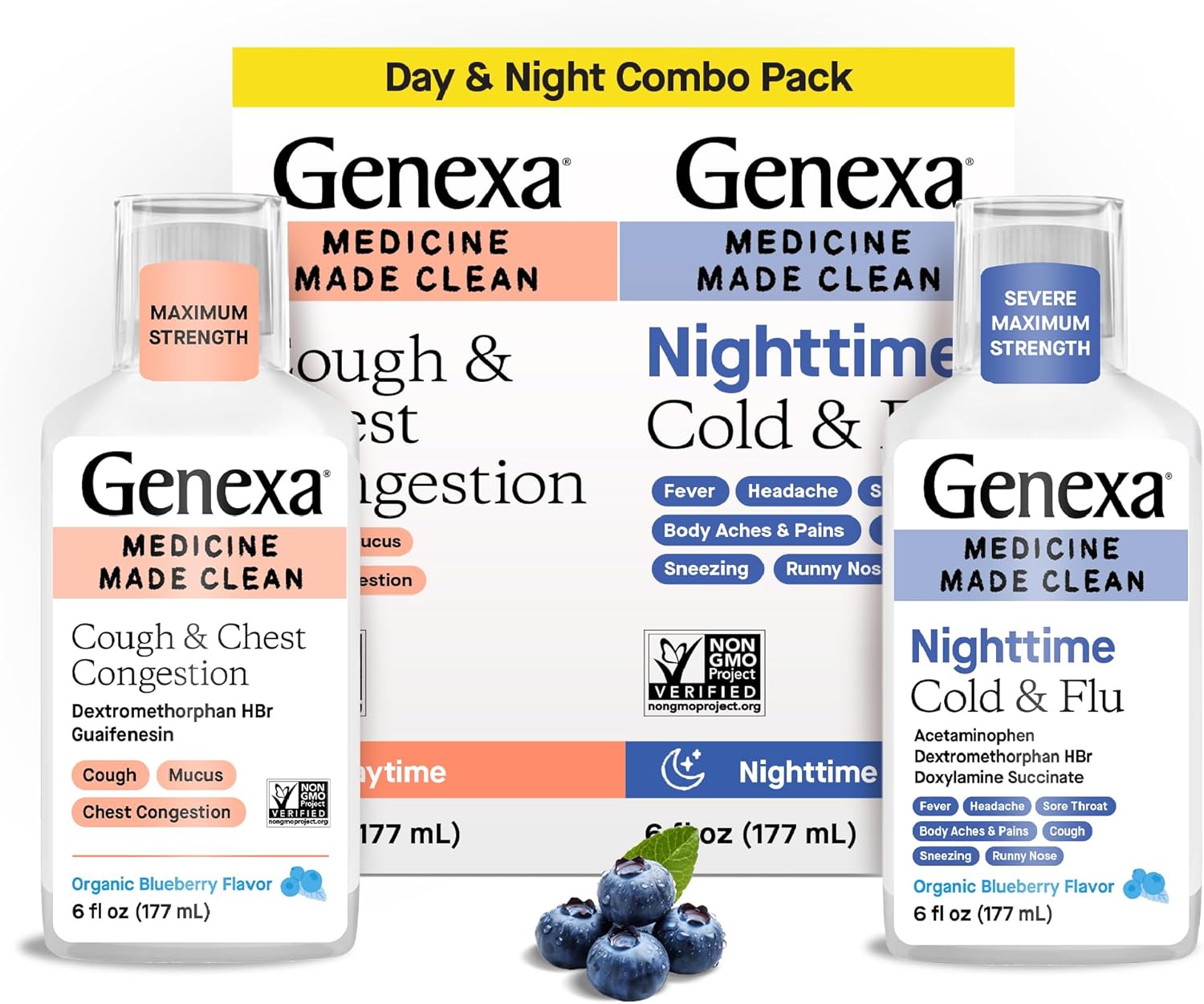 Genexa Daytime Cough & Congestion + Nighttime Severe Cold & Flu Combo Pack, Dye Free, 0% Artificial Additives, Liquid Multi-Symptom Cough, Cold, & Flu, Organic Blueberry Flavor, 12 fl oz (2 Pack)
