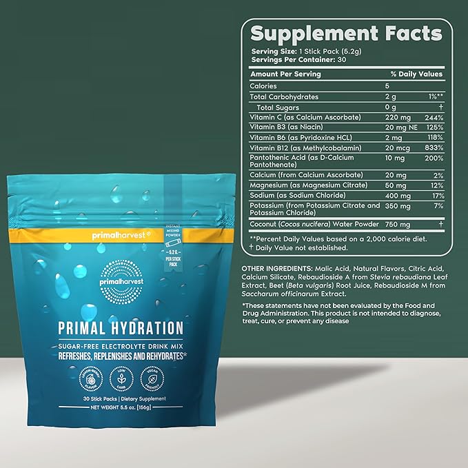 Primal Harvest Electrolytes Powder Packets Primal Hydration, Easy Open Packets, Energy Drink Mix (Lemon Berry, 30 Packs) (1 Bag)