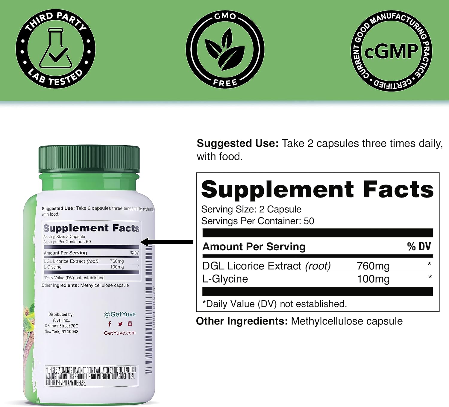 Yuve Vegan DGL Licorice 760mg - Ultra Pure Deglycyrrhizinated Licorice Root Capsules Supplement - Support Stomach, Gut & Intestinal Relief - Natural Acid Reflux Formula - Non-GMO & Gluten Free - 100ct