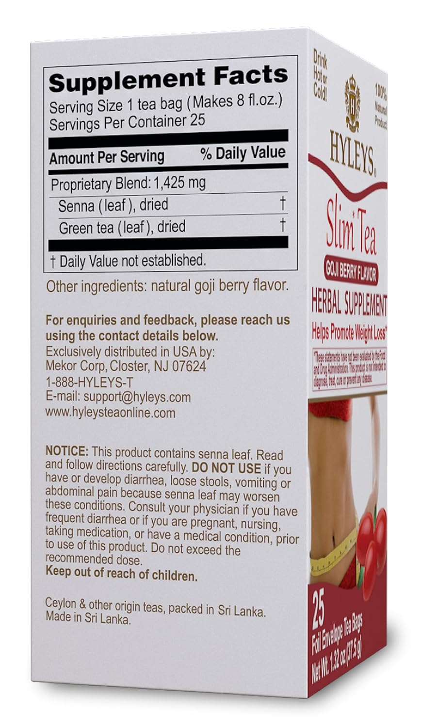 Hyleys Slim Tea Goji Berry Flavor - Weight Loss Herbal Supplement Cleanse and Detox - 25 Tea Bags (6 Pack)