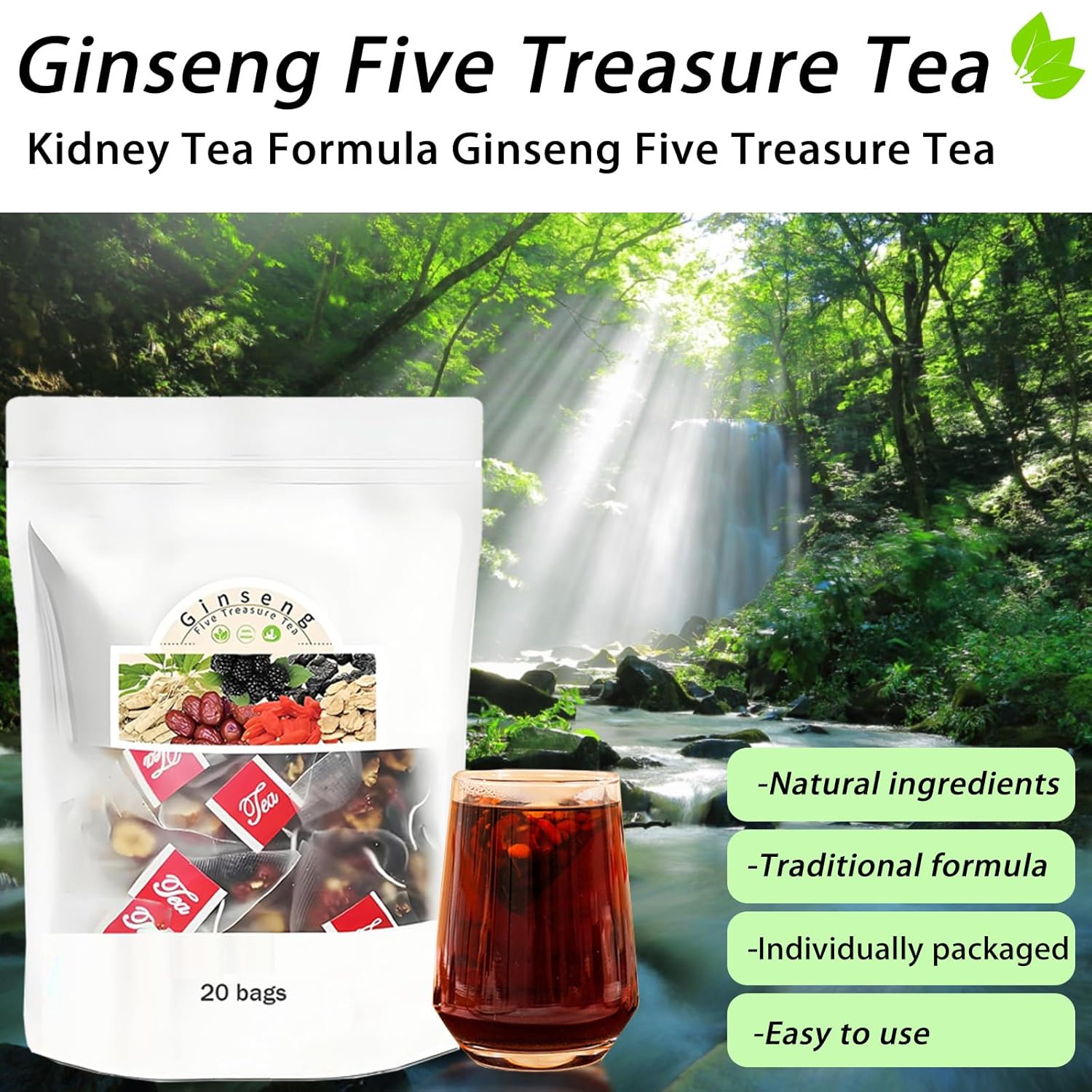 Ginseng Five Treasures Tea Kidney Tea, Ginseng & Mulberry Herbal Teas, Kidney Cleanse Detox Beverage for Women & Men, Nnatural Ingredients Sweet Taste and Aroma 20bags