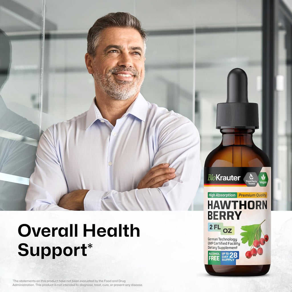 BIO KRAUTER® Hawthorne Berry Supplement - Pure Vegan Hawthorn Berry Liquid Drops 655 mg per Serving 2 Fl.Oz 28 Days of Supply - Used for Overall Support & Daily Wellness - Alcohol & Sugar Free